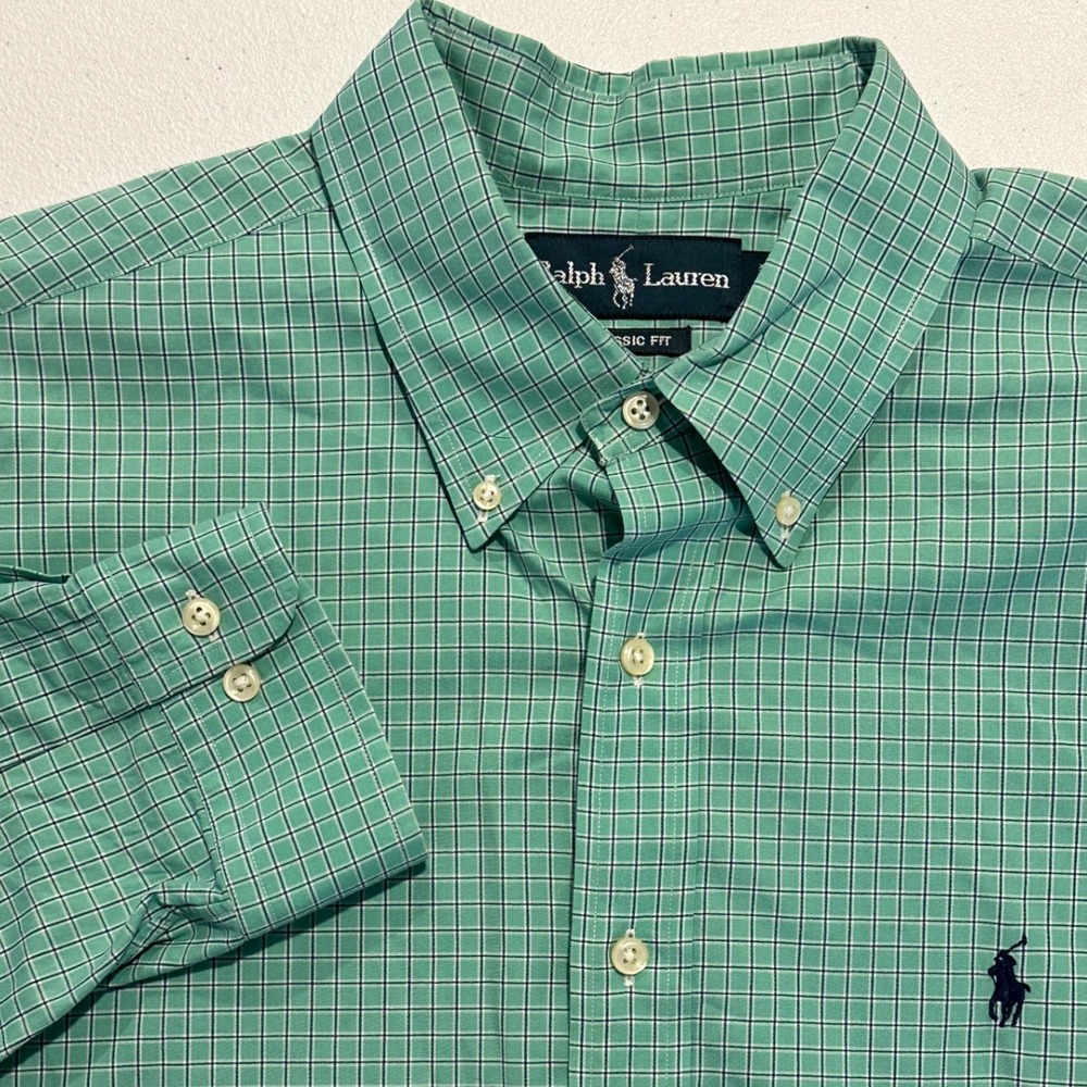 Ralph Lauren Classic Fit Mens 17 36/37 Green Plaid Button Down Long Sleeve Shirt